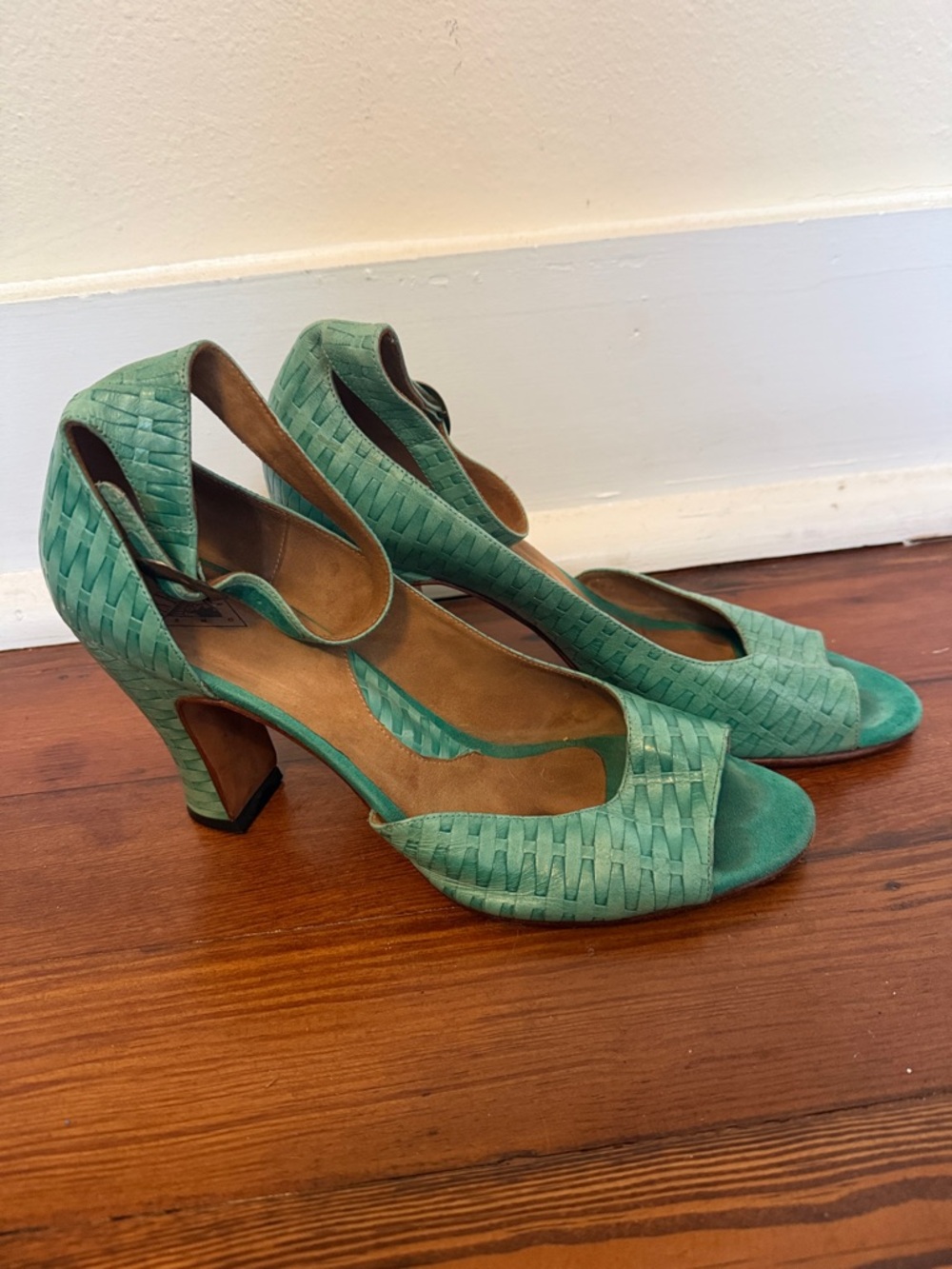 John Fluevog Teal Woven Open-Toe Slingback Heels